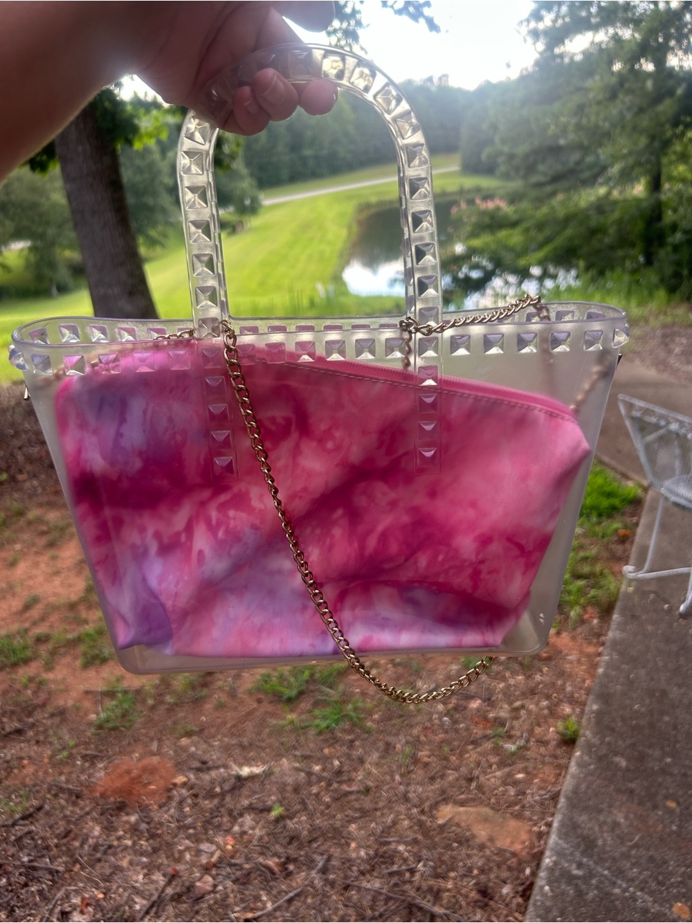 Clear Studded Jelly Tote Bag with Pink Tie-Dye Cosmetic Pouch & Gold Chain - Picture 2 of 8